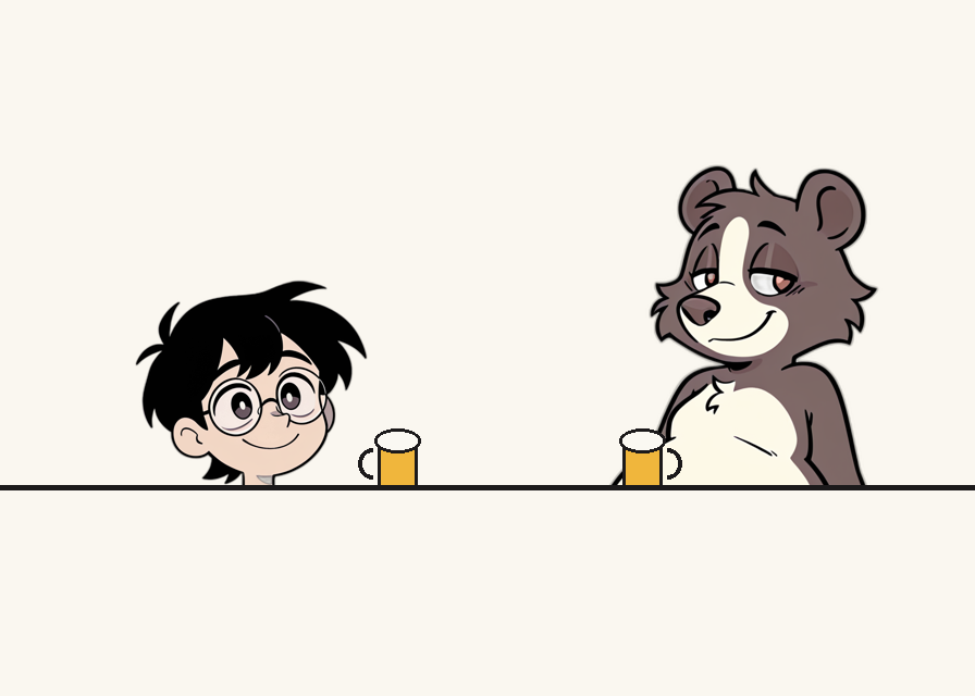 A man and a bear share an izakaya table
